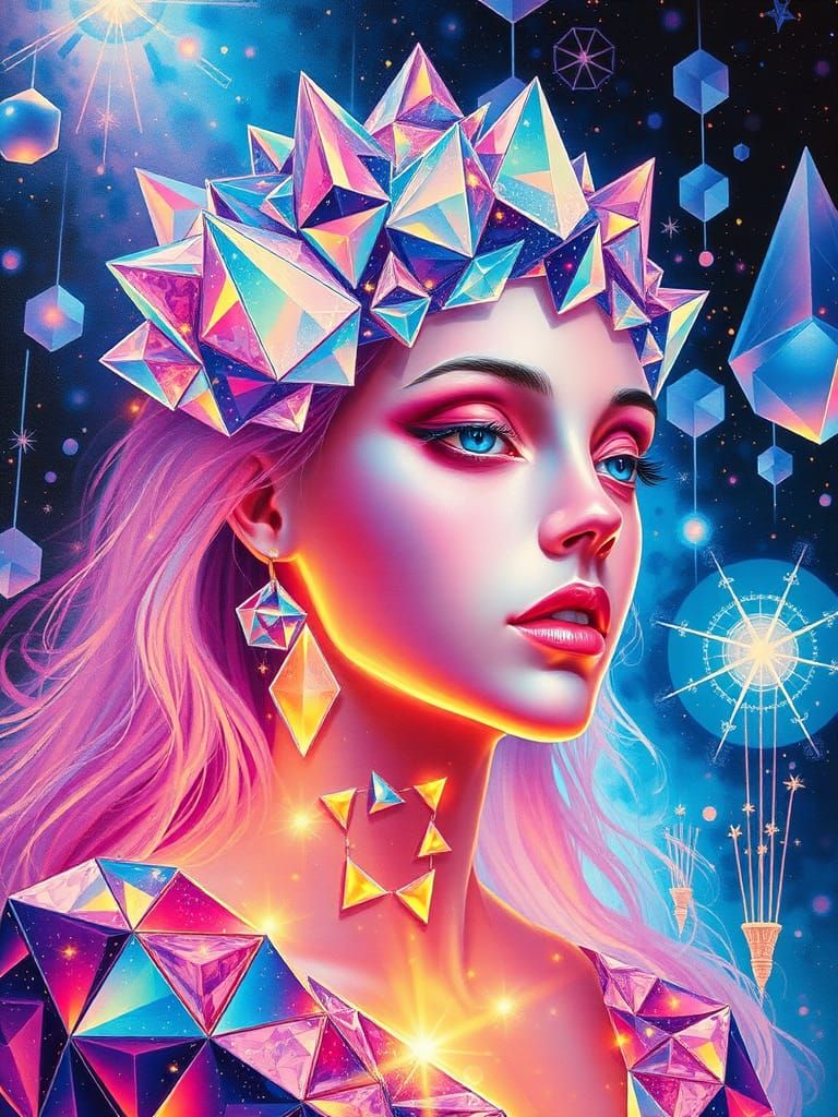 Mystical Woman in Enchanted Quantum Realm: Acrylic Painting