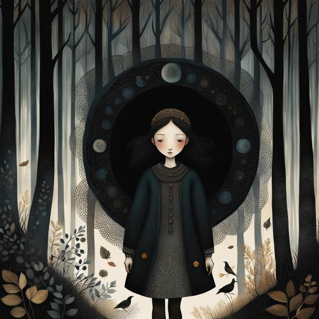Girl Walks in Pretty Dark Forest: New Realism Art