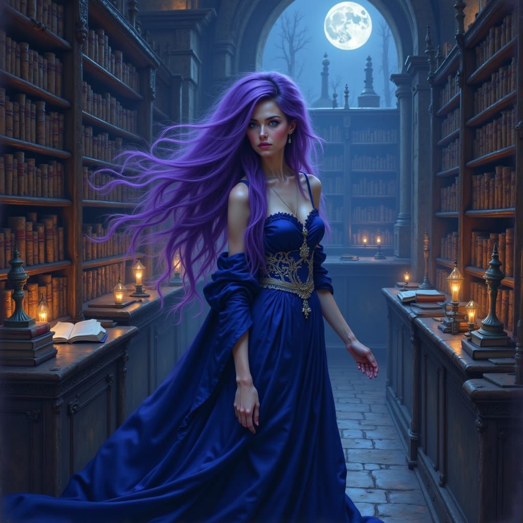 Mysterious Sorceress in Moonlit Library: Dark Fantasy Art