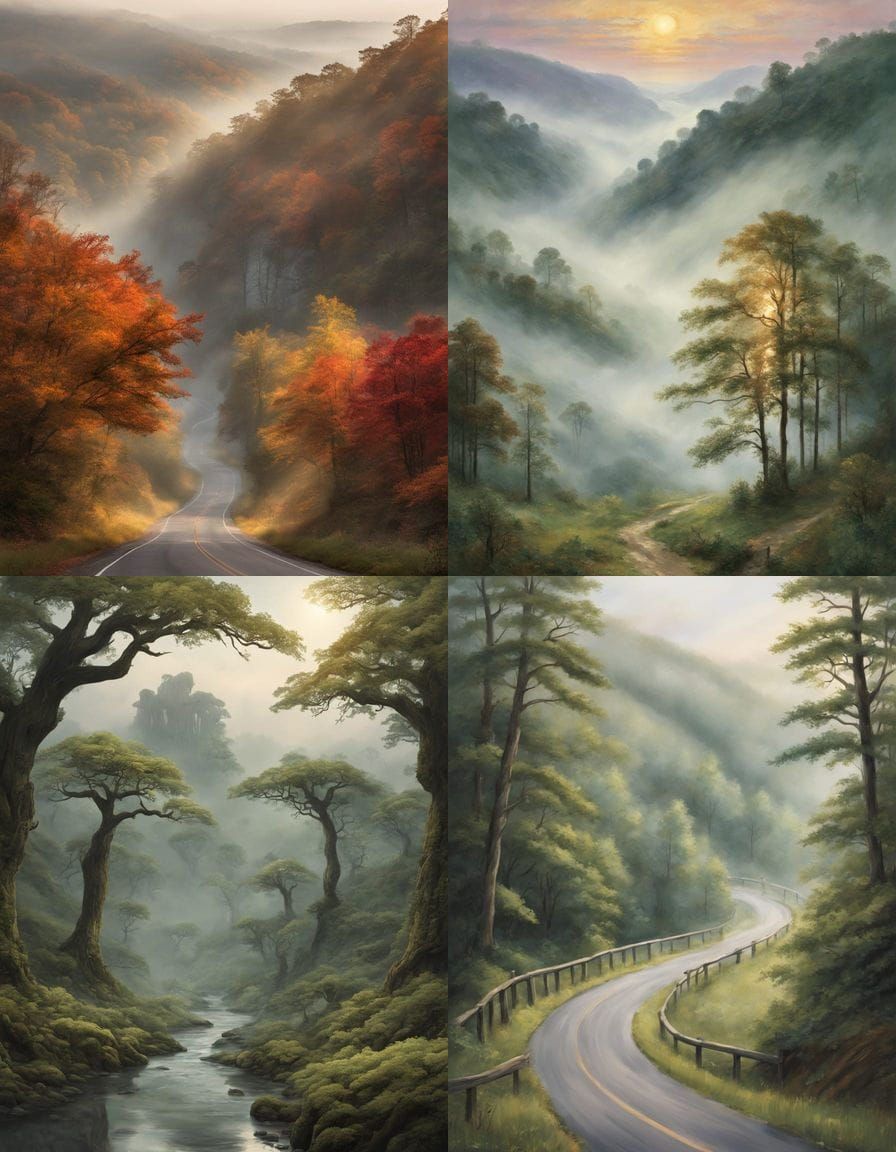 Ozark Mountain Highway at Sunrise in Misty Dawn