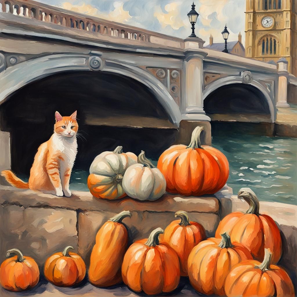 London Bridge With Cat, Horse, and Pumpkin Gouache Style