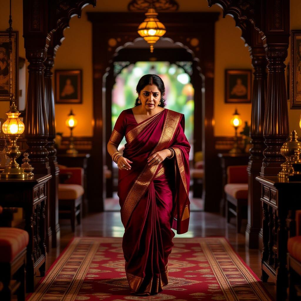 Worried Desi Mother in Maroon Saree in Traditional Indian Ro...