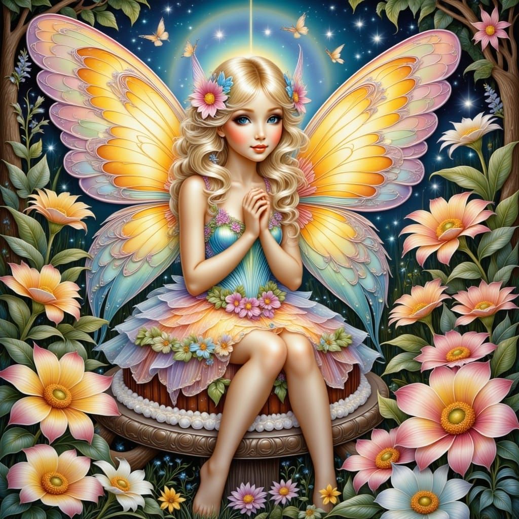 A fairy on her birthday with a birthday cake, lots of beautiful music, streamers, balloons, white doves, surrounded by c...