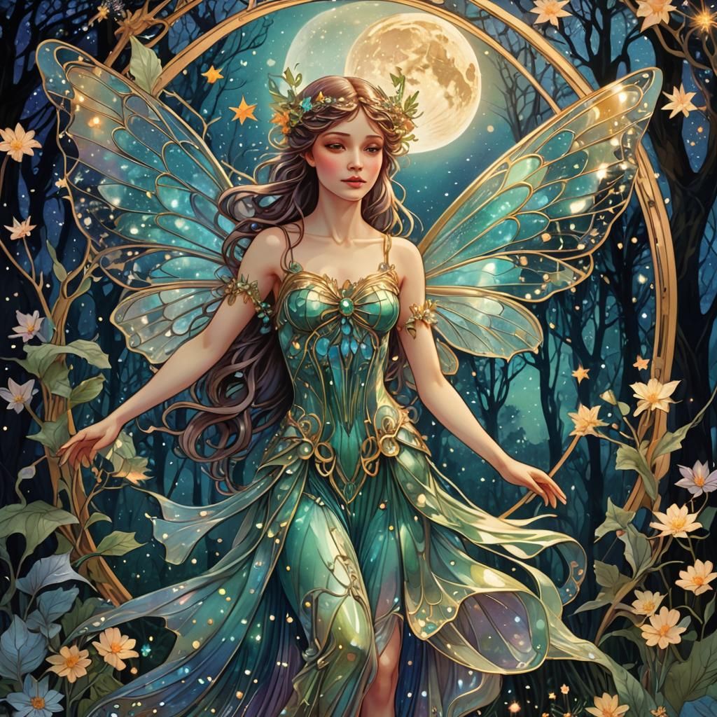 Art Nouveau Fairy with Iridescent Wings