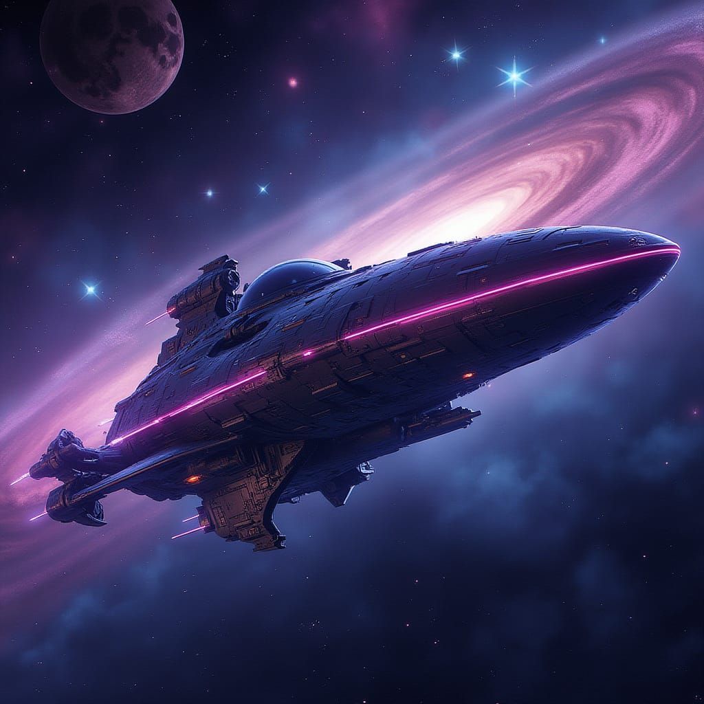 Majestic Spaceship Soaring Through Starry Galaxy