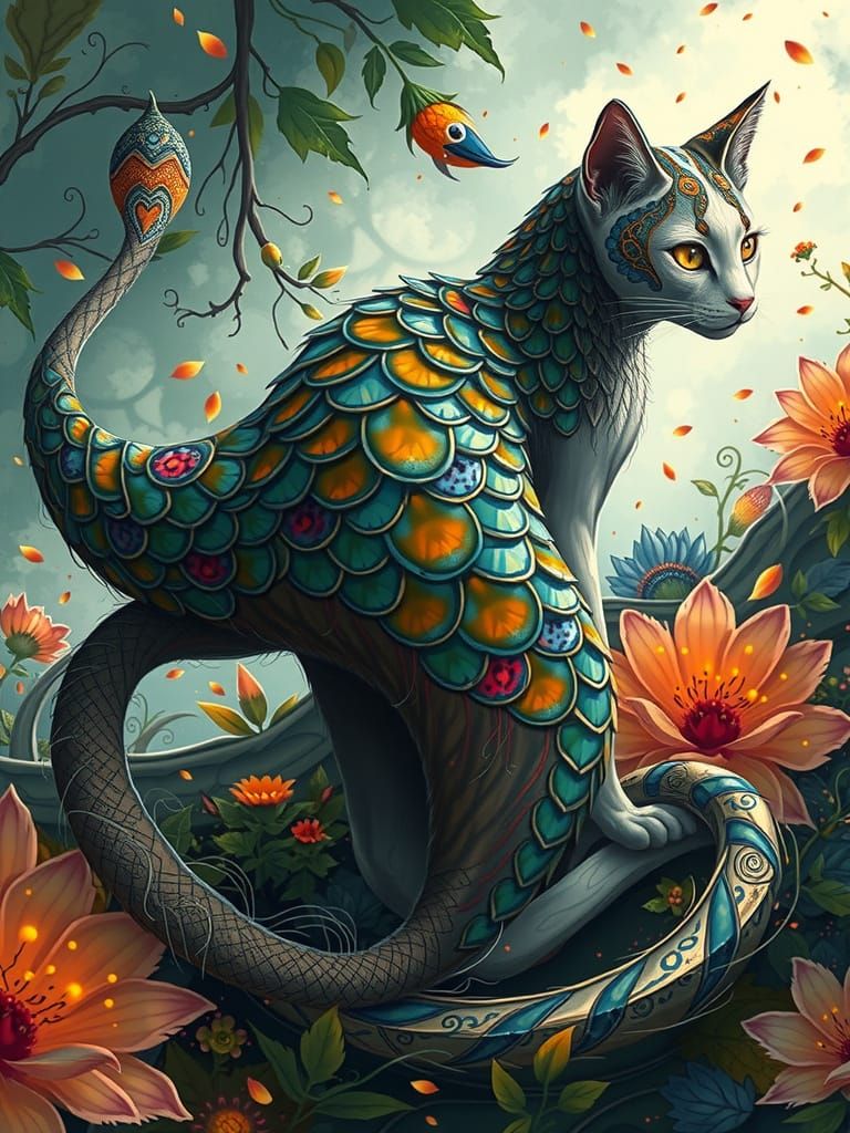 Whimsical Cat in Enchanted Forest Glade