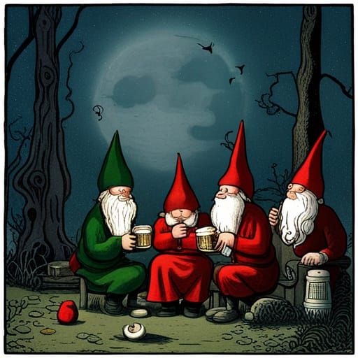 Cartoon Gnomes Enjoying Beer in Garden at Night