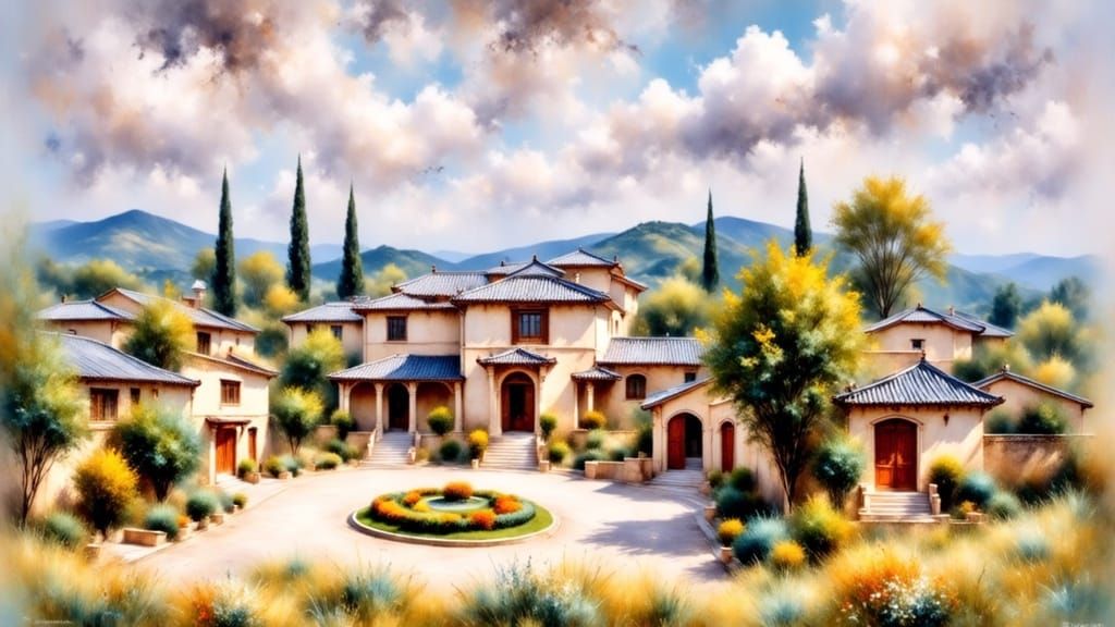 Vast Chinese Mansion Amidst Rolling Hills Under Indigo Storm