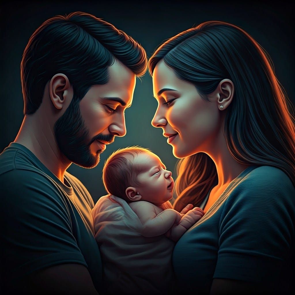 Joyful New Parents in Retro Geometric Style