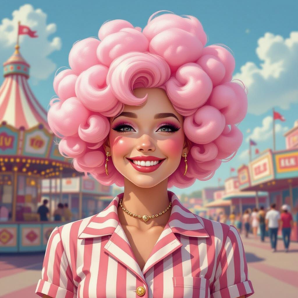 Fairground Worker with Cotton Candy Hair, Vintage Art