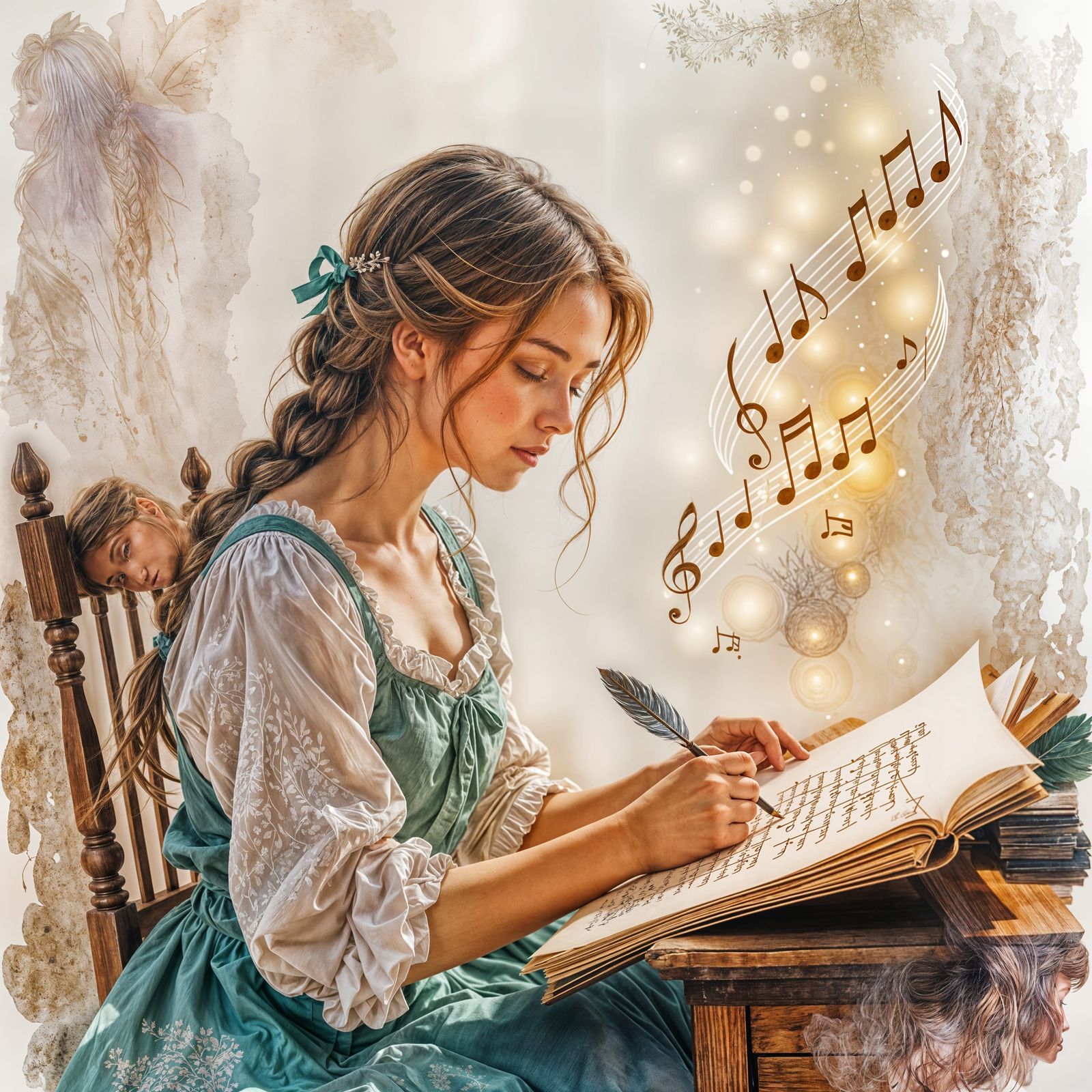 Young Woman Writing Music in Ethereal Watercolor Style