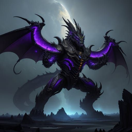 Sci-Fi Black Dragon with Gold Horns on Alien Planet