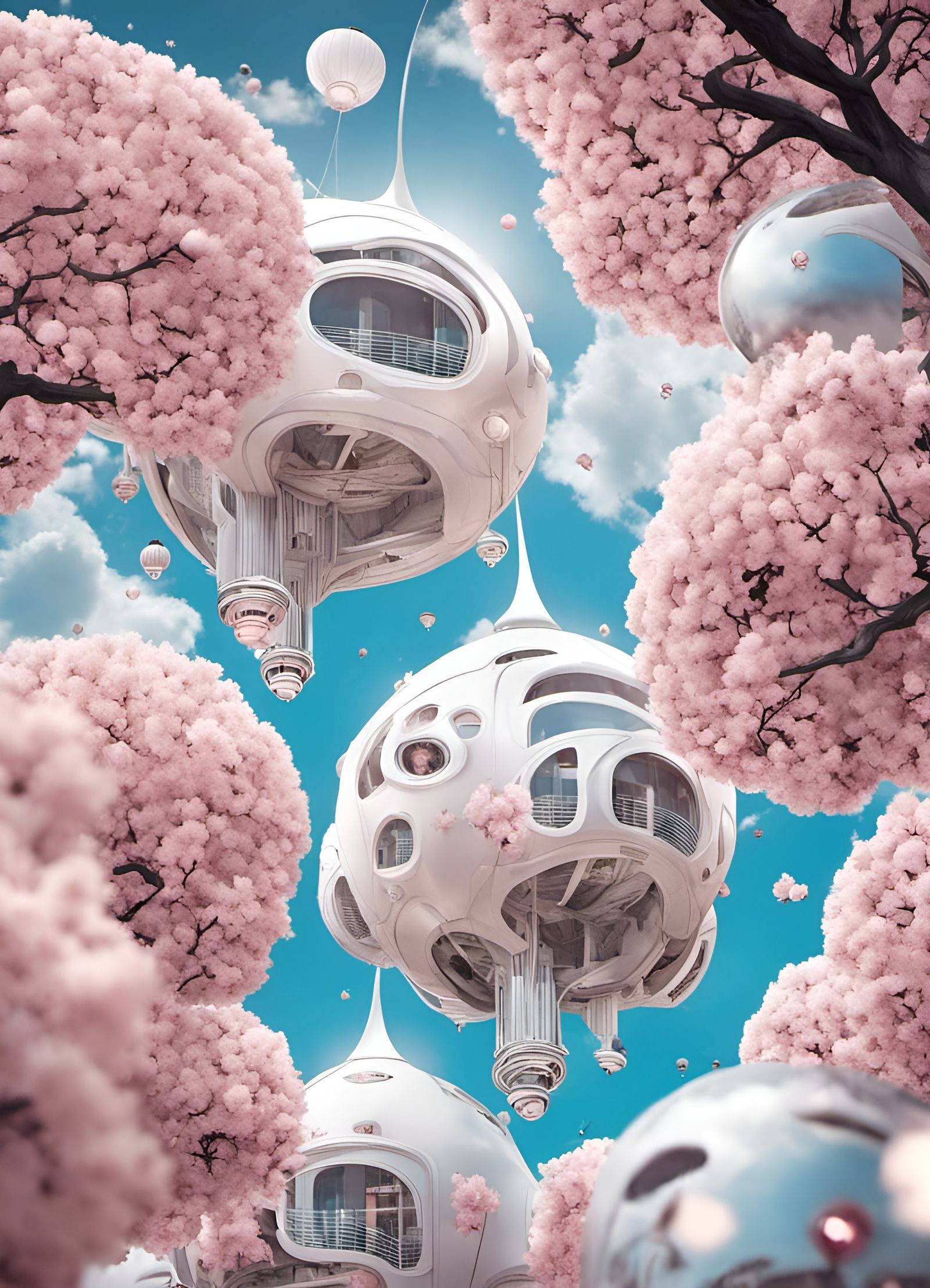 Futuristic shared living pods, connected to create an antigravity eco town ⁠♡
