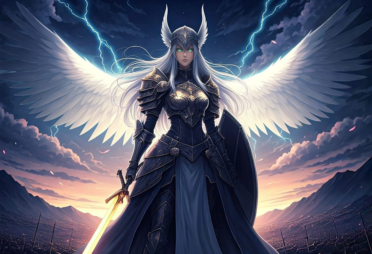 Anime Valkyrie on Mountain Peak with Glowing Sword