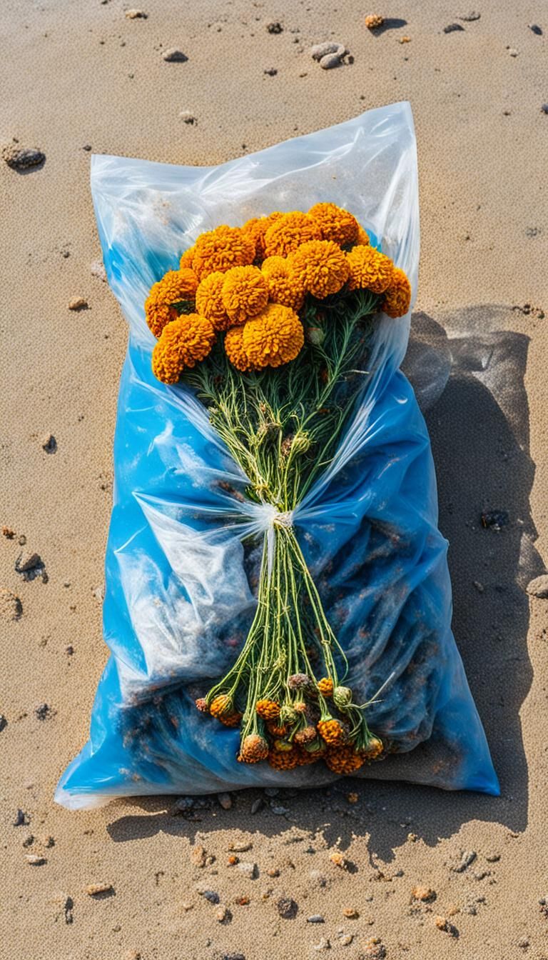 Washed Ashore: Decaying Marigolds in Plastic Bag