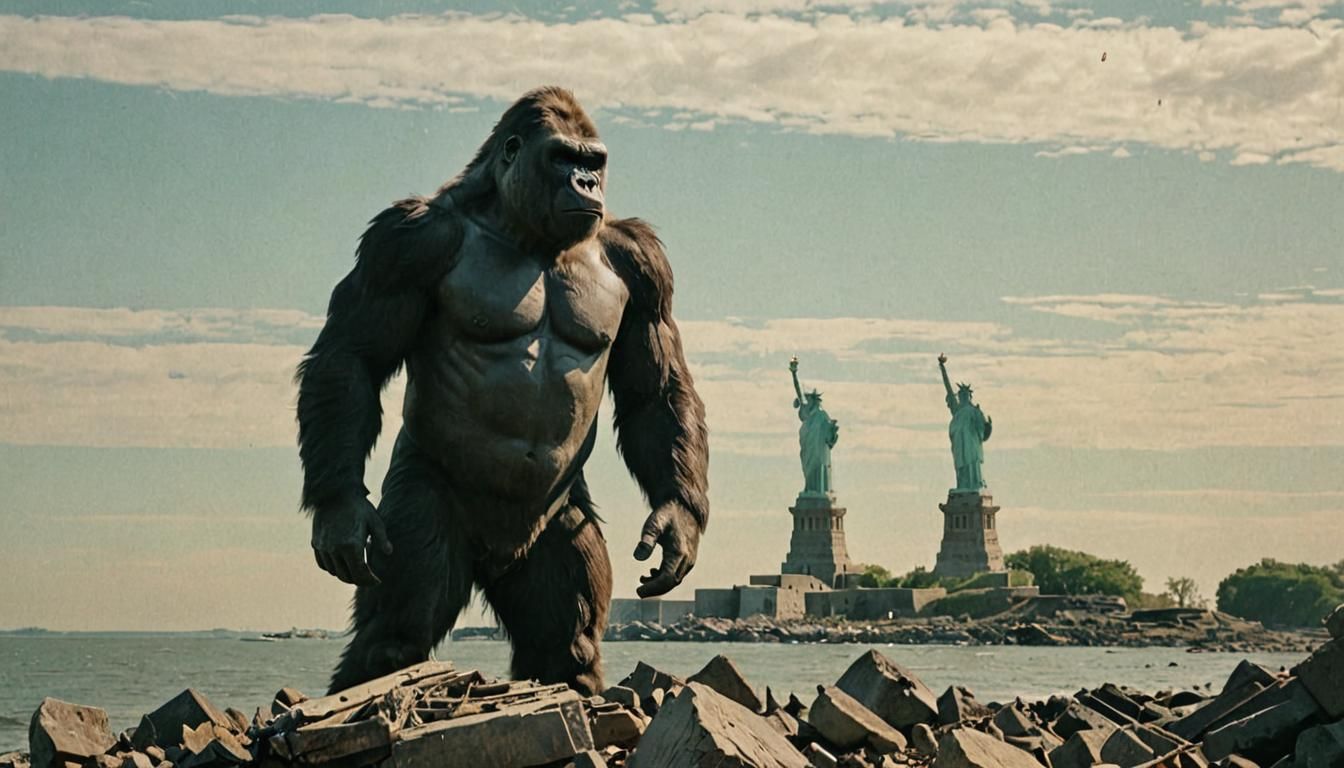 Ape Stares at Ruined Statue of Liberty: Retro Film Still