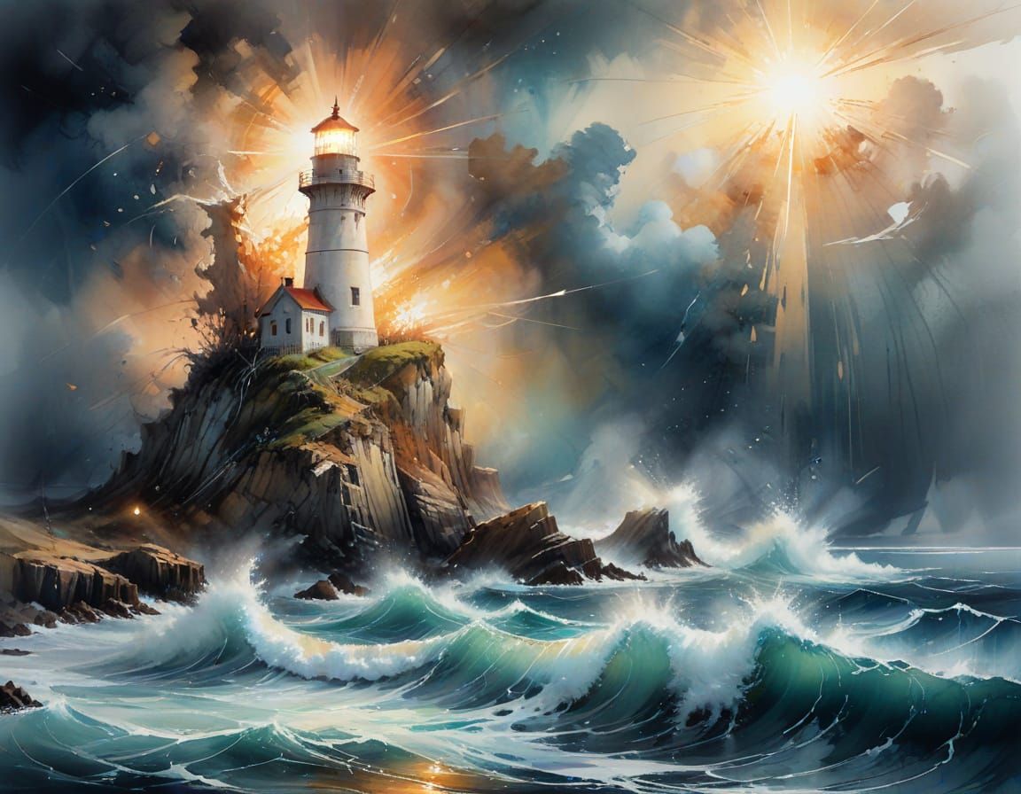 Stormy Lighthouse of Whispers in Watercolour Style