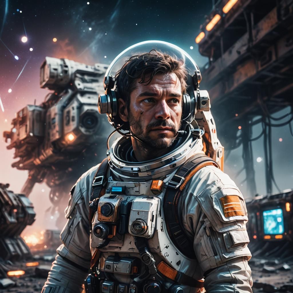 Exhausted Astronaut in Neon-Lit Dystopian City