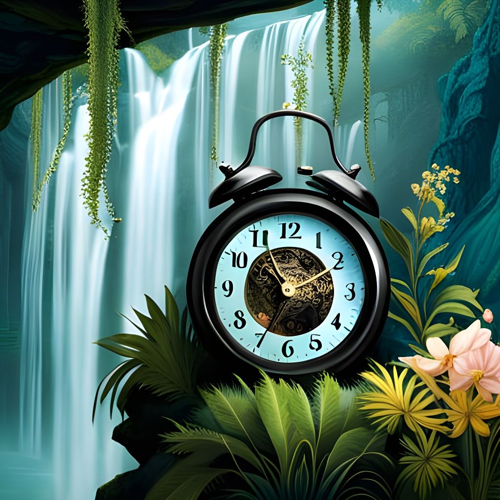Elegant Clock with Overgrown Waterfall in Fantasycore Style