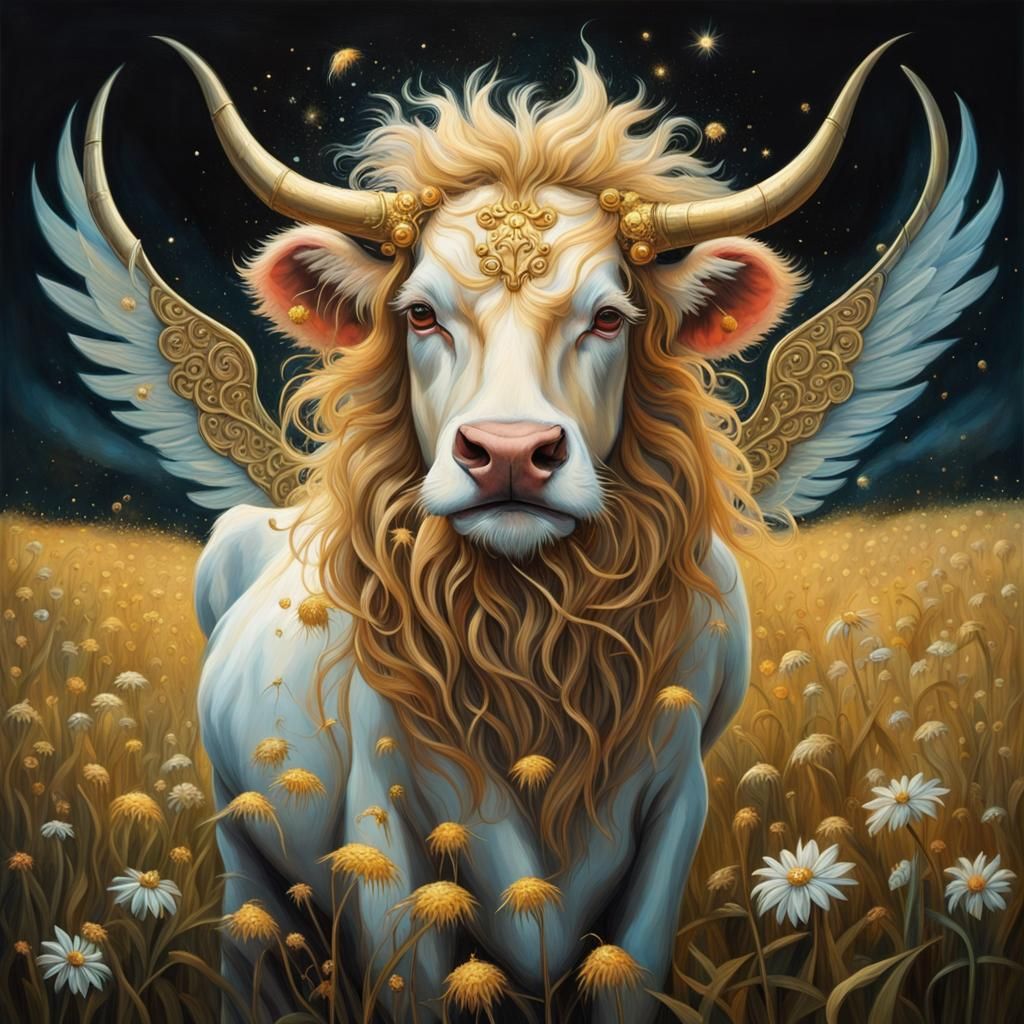Golden Winged Cow in Summer Field: Oil Painting