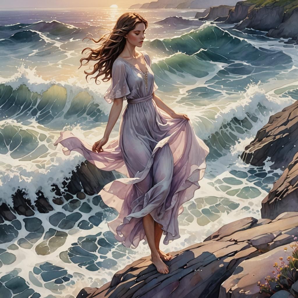 Woman Gazing at Ocean in Watercolor Style