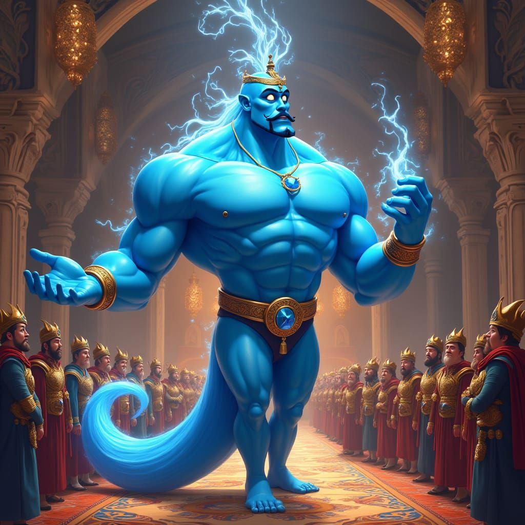 Blue Genie in Persian Palace, Rendered in Pixar Style