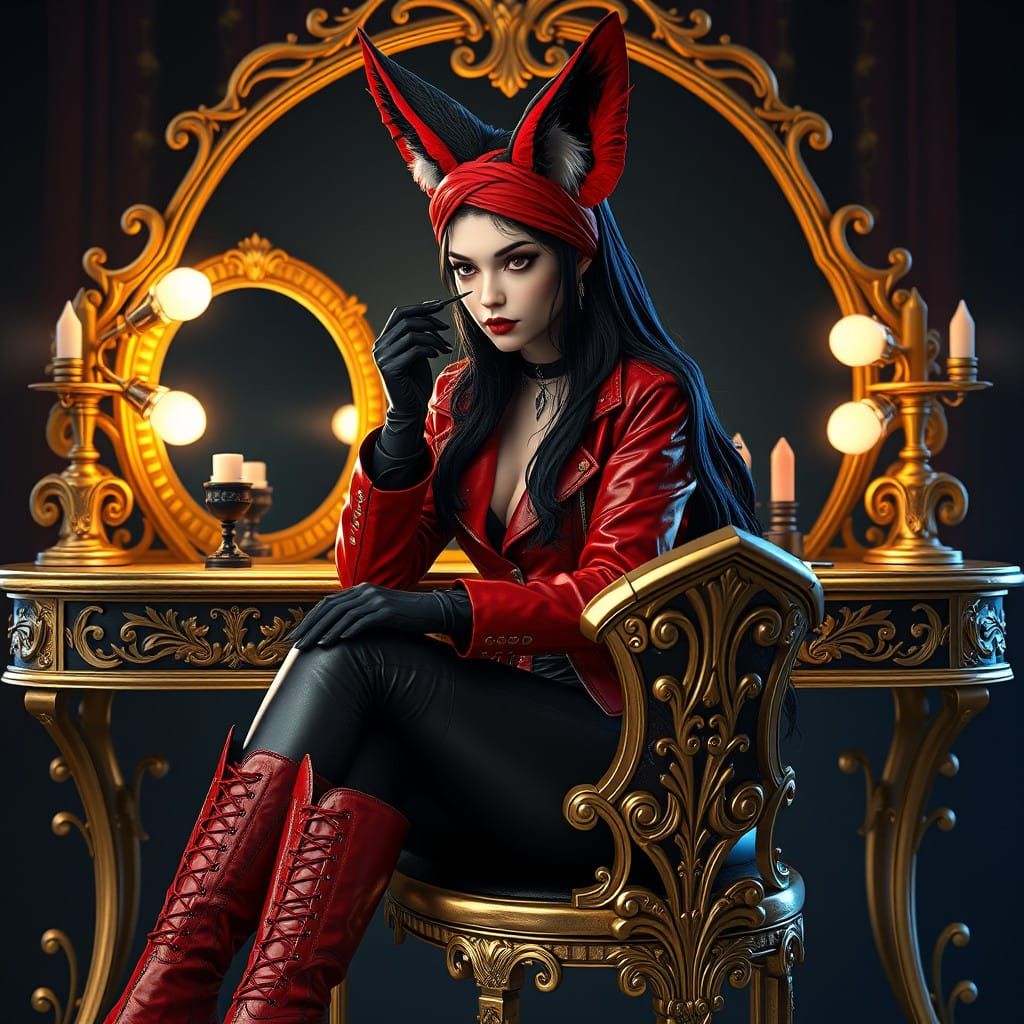 Goth Queen with Fennec Fox Ears and Crimson Accents in a Dar...