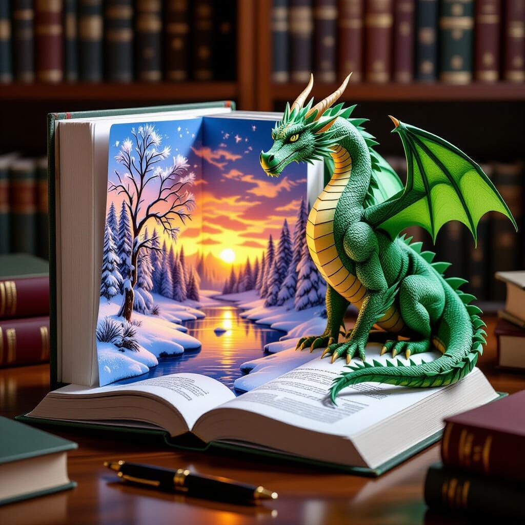 Ancient Green Dragon Beside 3D Paper Art Book