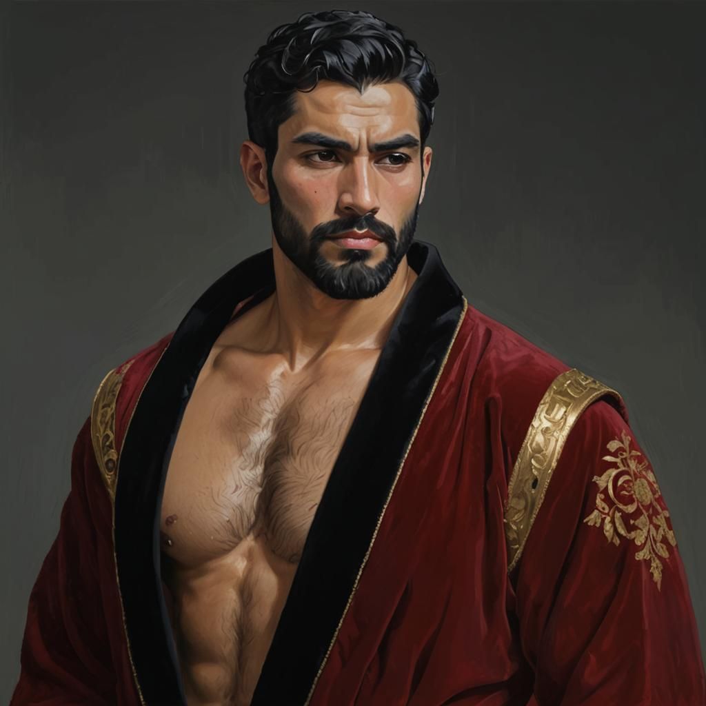 Handsome Man in Red Bathrobe, Impasto Gouache Painting