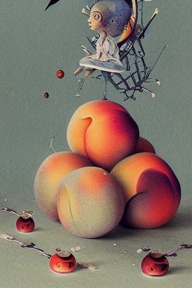 Anthropomorphic Peaches in Hyper-Realistic Mixed Media