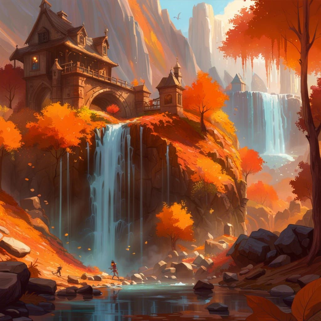 Magical Autumn Waterfall Landscape in Orange