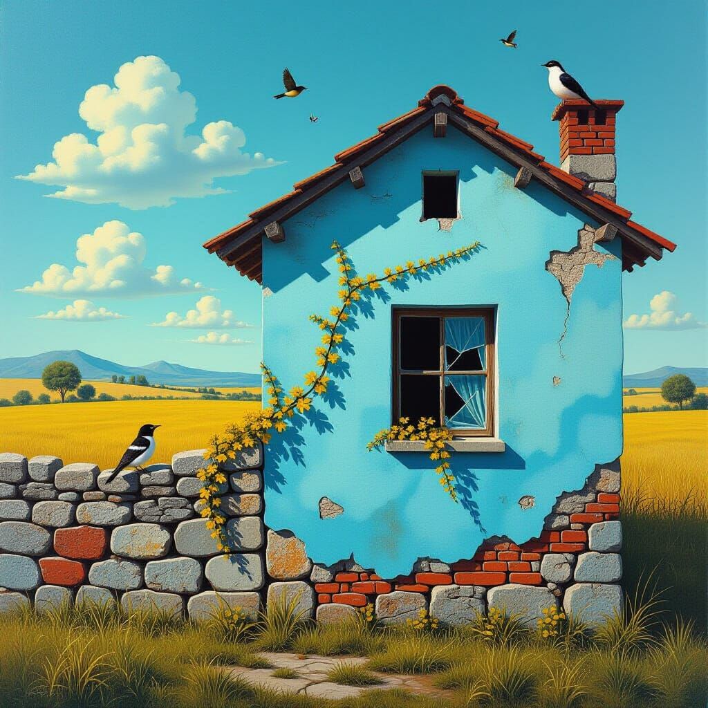 Surreal Blue House in Dreamlike Landscape