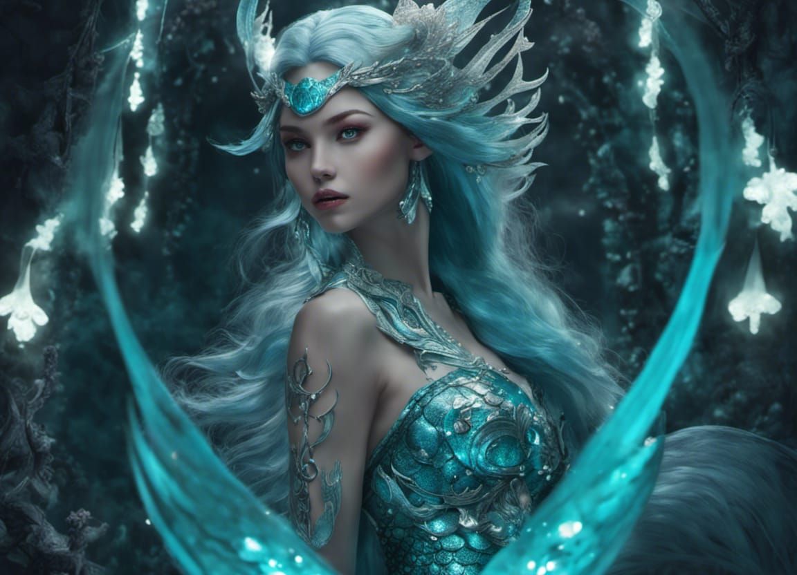 Mermaid Warrior in Teal and Silver Fantasy Art