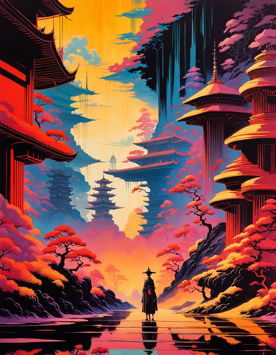 Surreal Glitchcore Panorama in Ukiyo-e Style