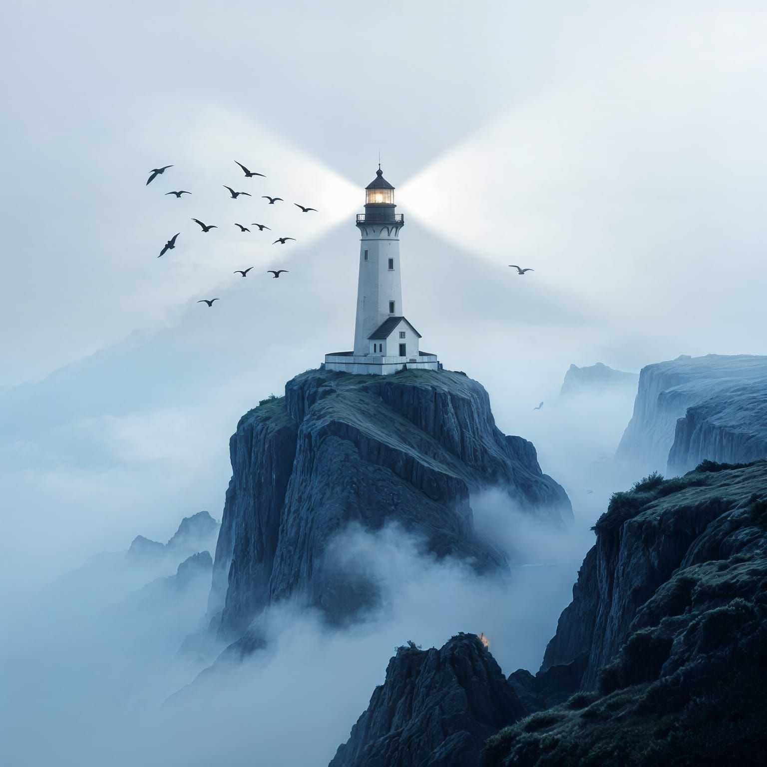 Lighthouse in Fog: A Surreal Cubist Dreamscape