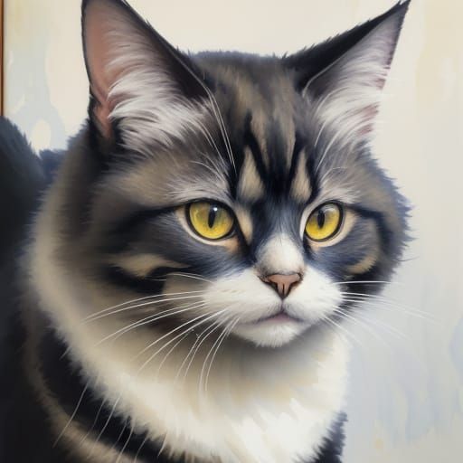 Impressionist Long-Haired Cat Portrait in Gouache and Waterc...