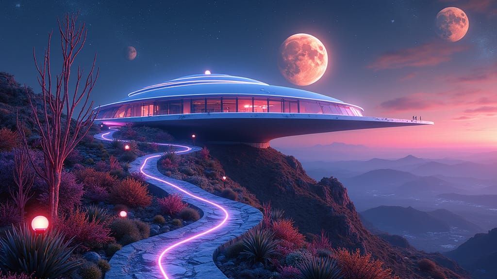 Cyberpunk Cityscape in Futuristic Alien Landscape