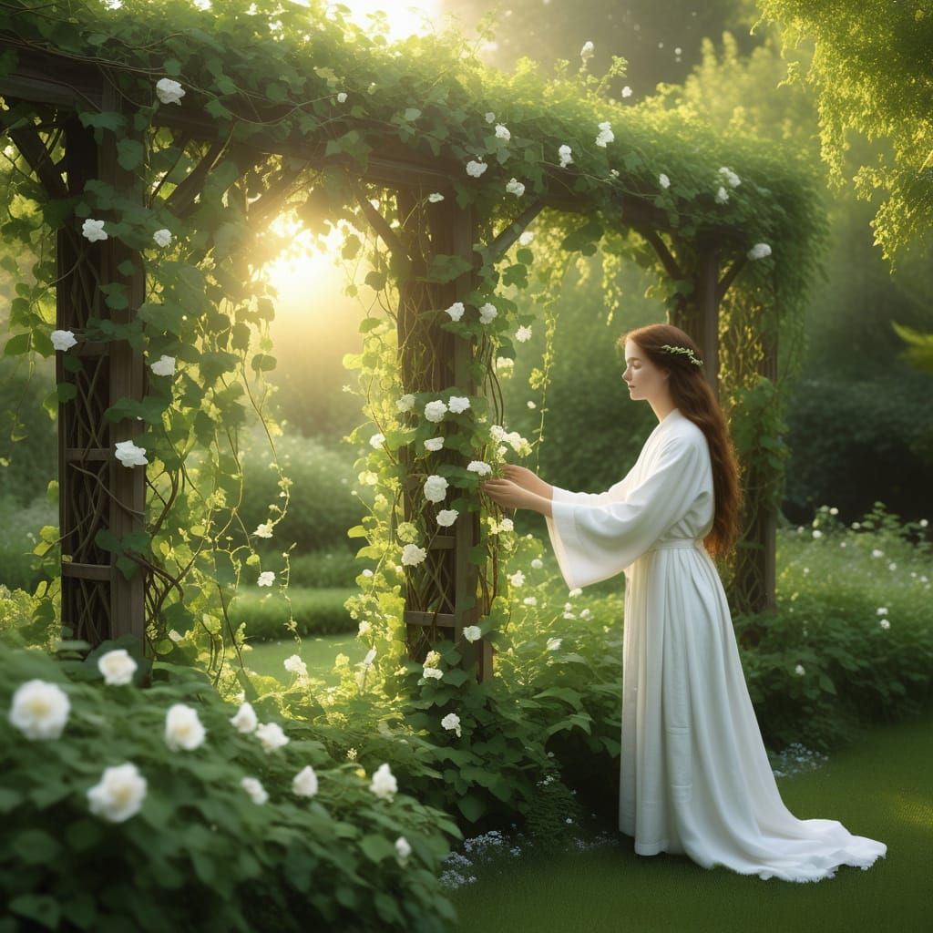 Serene Woman Tends Lush Garden in Ethereal Light