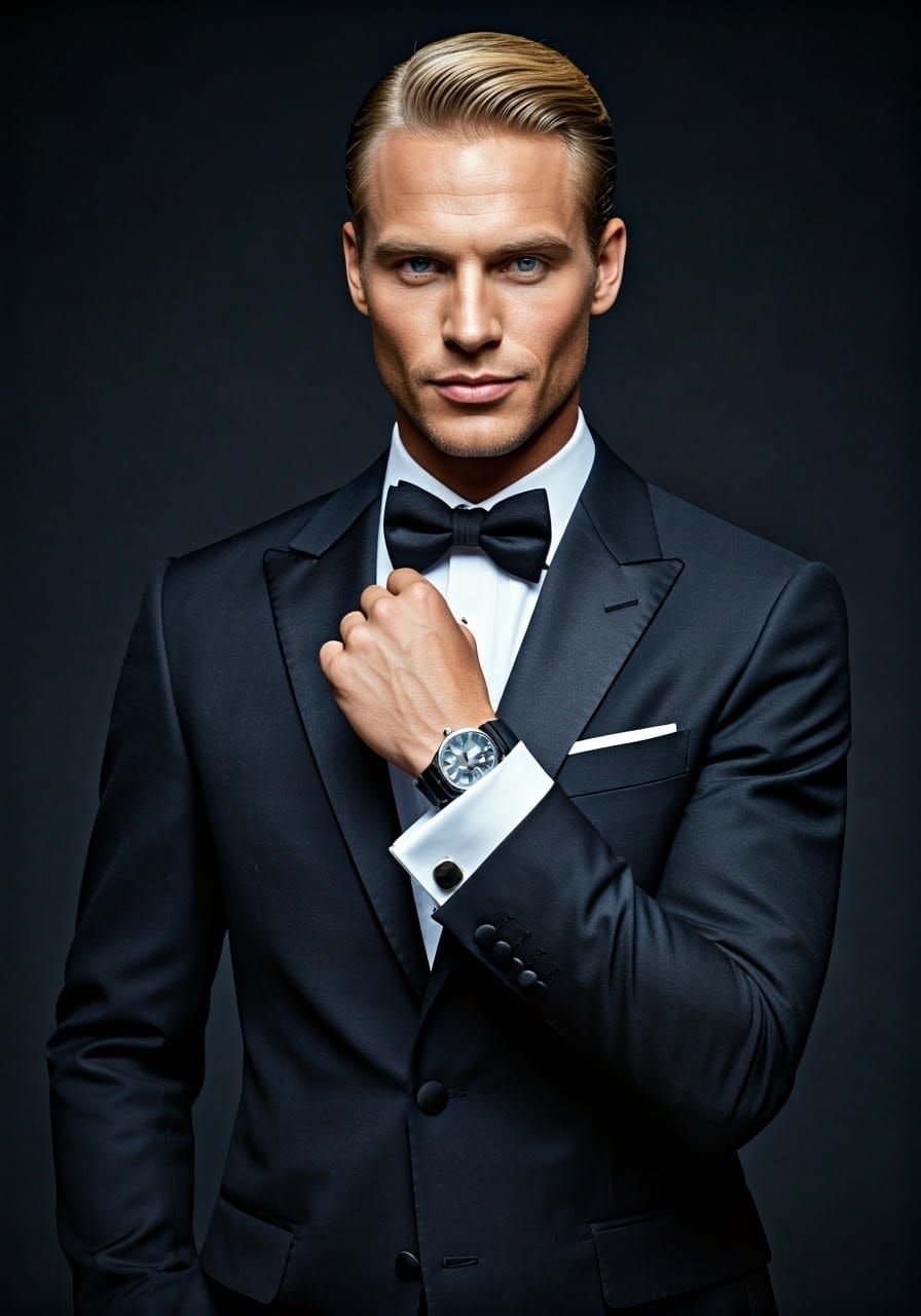 Sleek, Chiseled Male Model in Black Tuxedo with Platinum Hai...