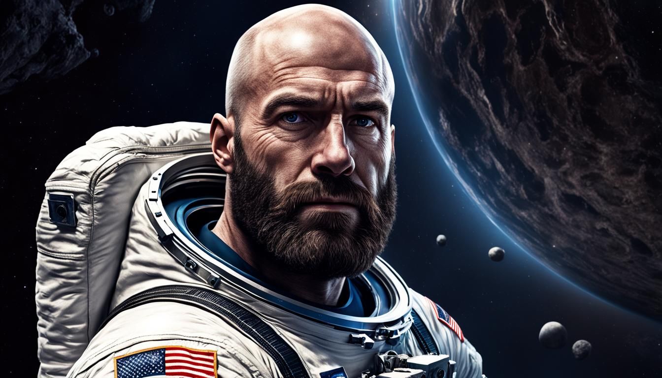 Hairy Russian Astronaut in Space, Hyperrealistic Rendering