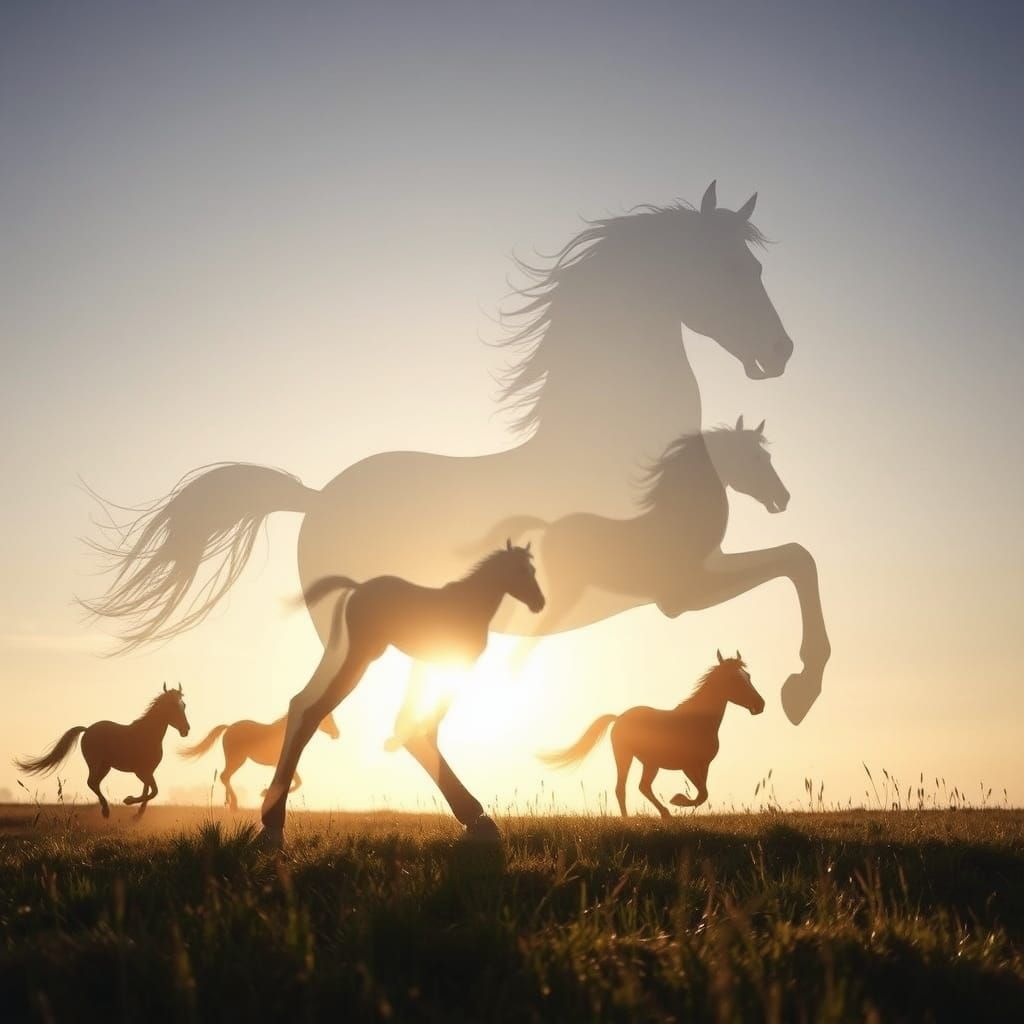 Centaur Silhouette Double Exposure Over Wild Horses