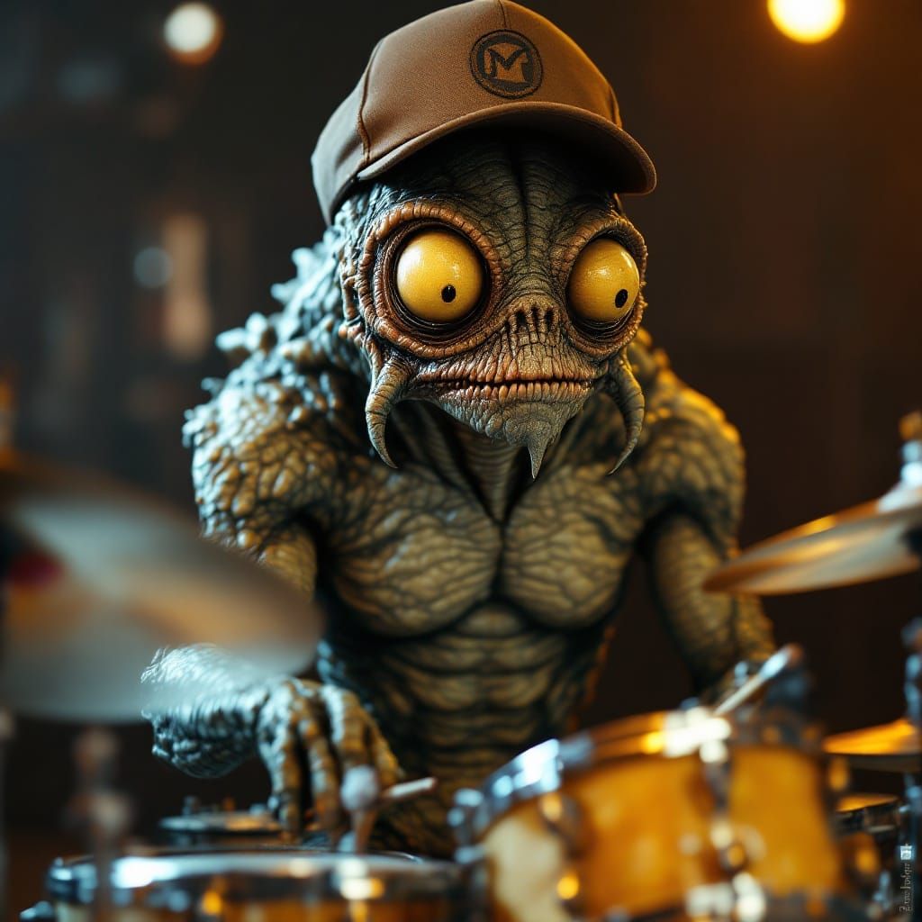 Detailed 3D Sci-Fi Monster Drummer with Baseball Hat