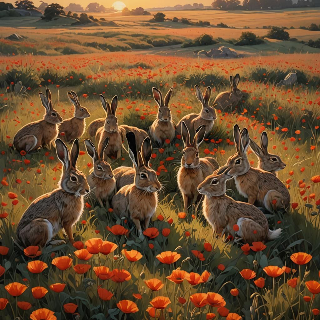Hares Meeting at Sunrise in Poppy Field: Hyperrealistic Art