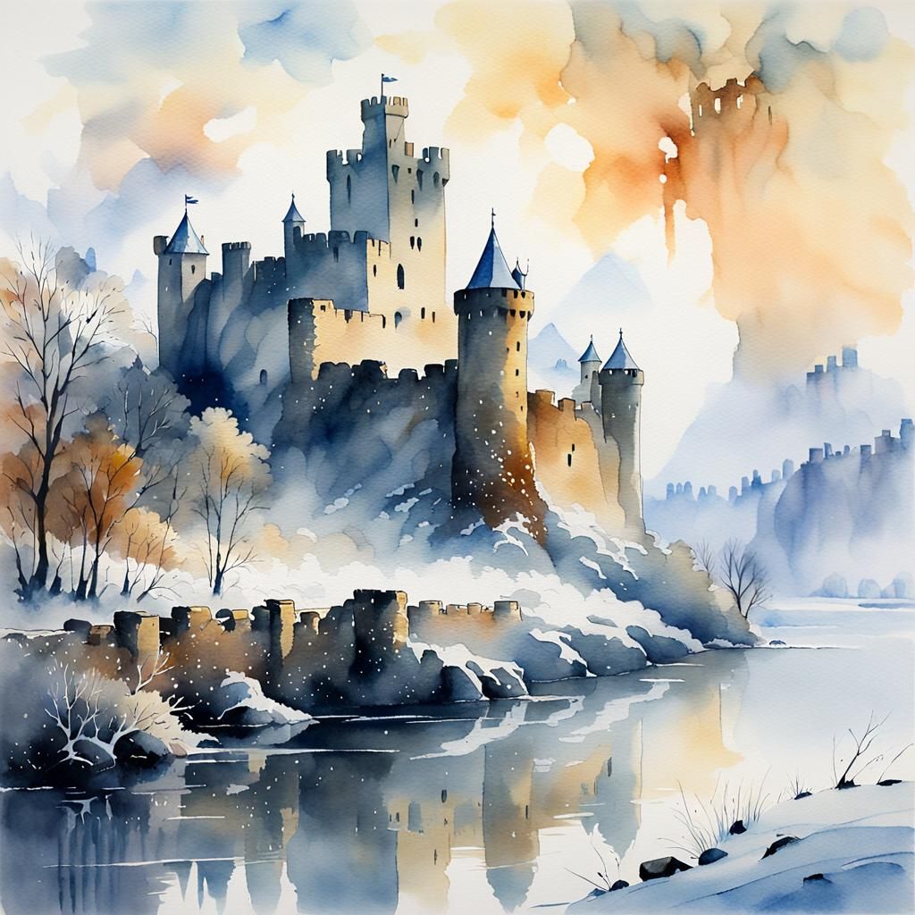 Icy Ruined Castle: Watercolor Landscape in Mist