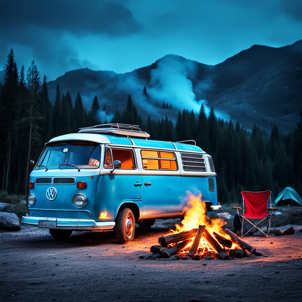 Burning Campfire Next to a Light Blue VW Van