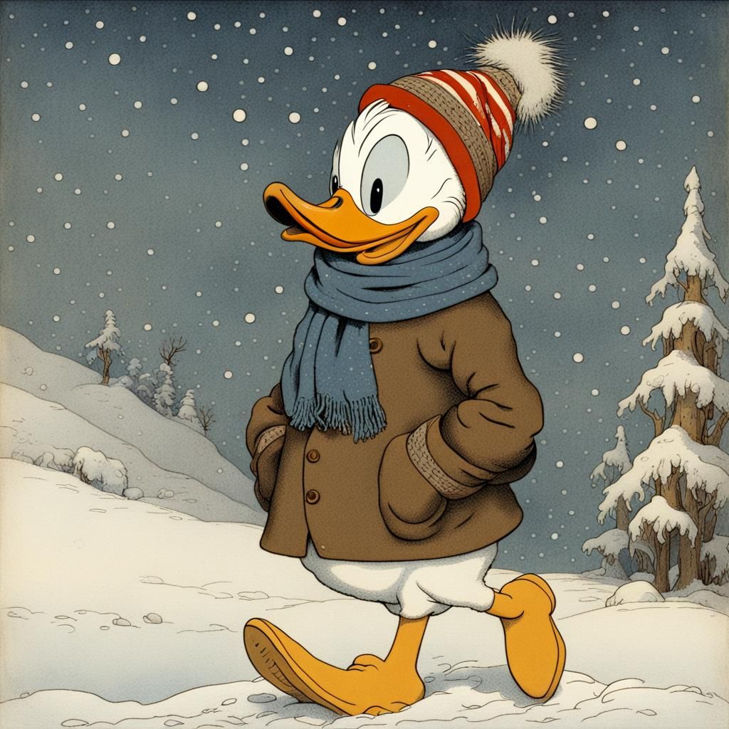 Donald Duck Winter Adventure in John Bauer Style