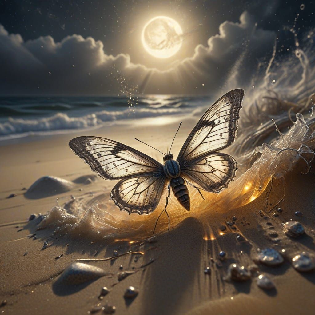 Moonlit Moth in Charcoal Drawing with Water Spray