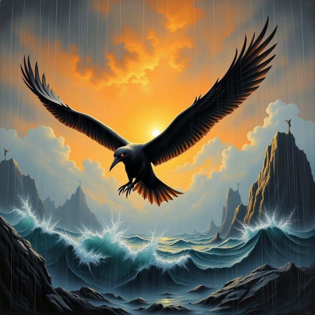 Seabird Soaring Over Ocean in Sunset Rain
