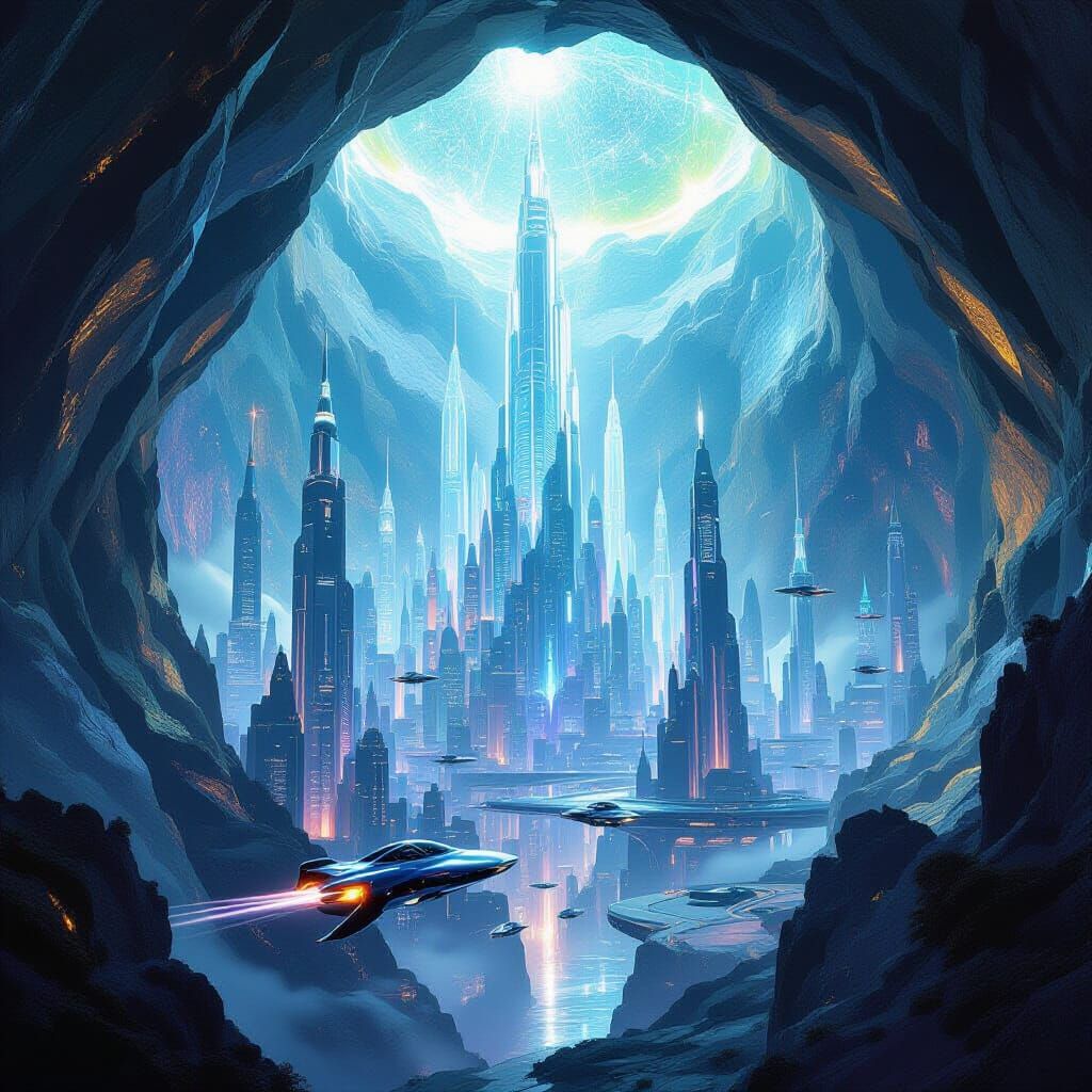 Futuristic Geode City with Crystalline Spires and Flying Veh...