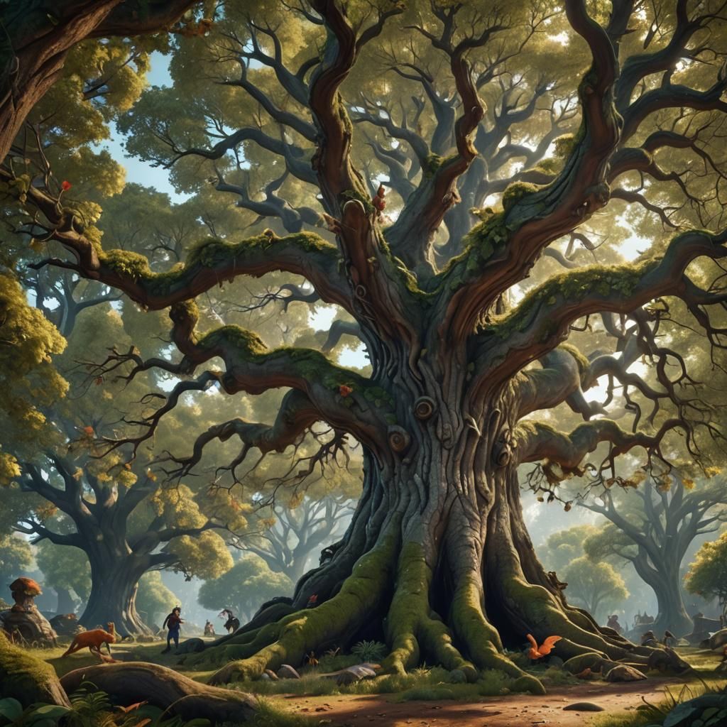 Squirrels Roaming on a Beautiful Fantasy Tree
